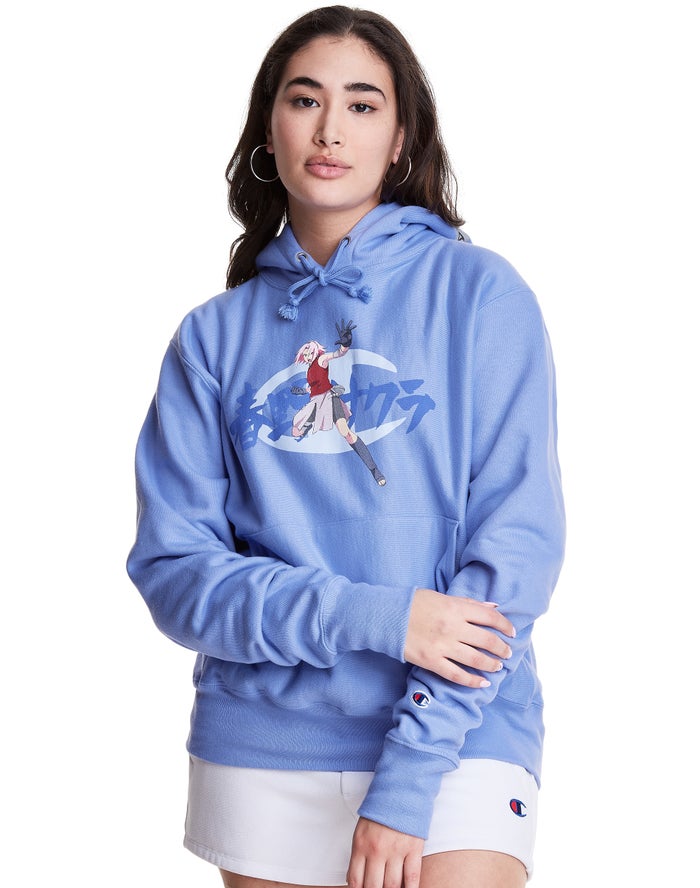 Champion Reverse Weave Boyfriend Sakura With C Logo Kadın Kapşonlu Sweatshirt Mavi ( VJBSYE156 )